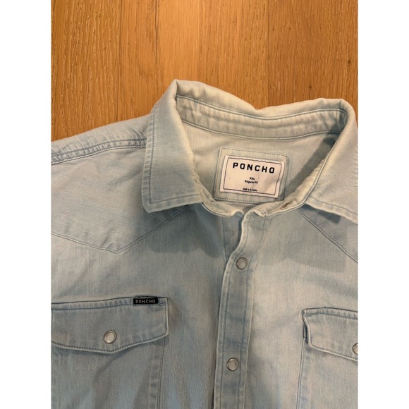 FLAWS Poncho Western Denim Shirt Mens XXL Regular Blue Long Sleeve Pearl Snap - Picture 5 of 5